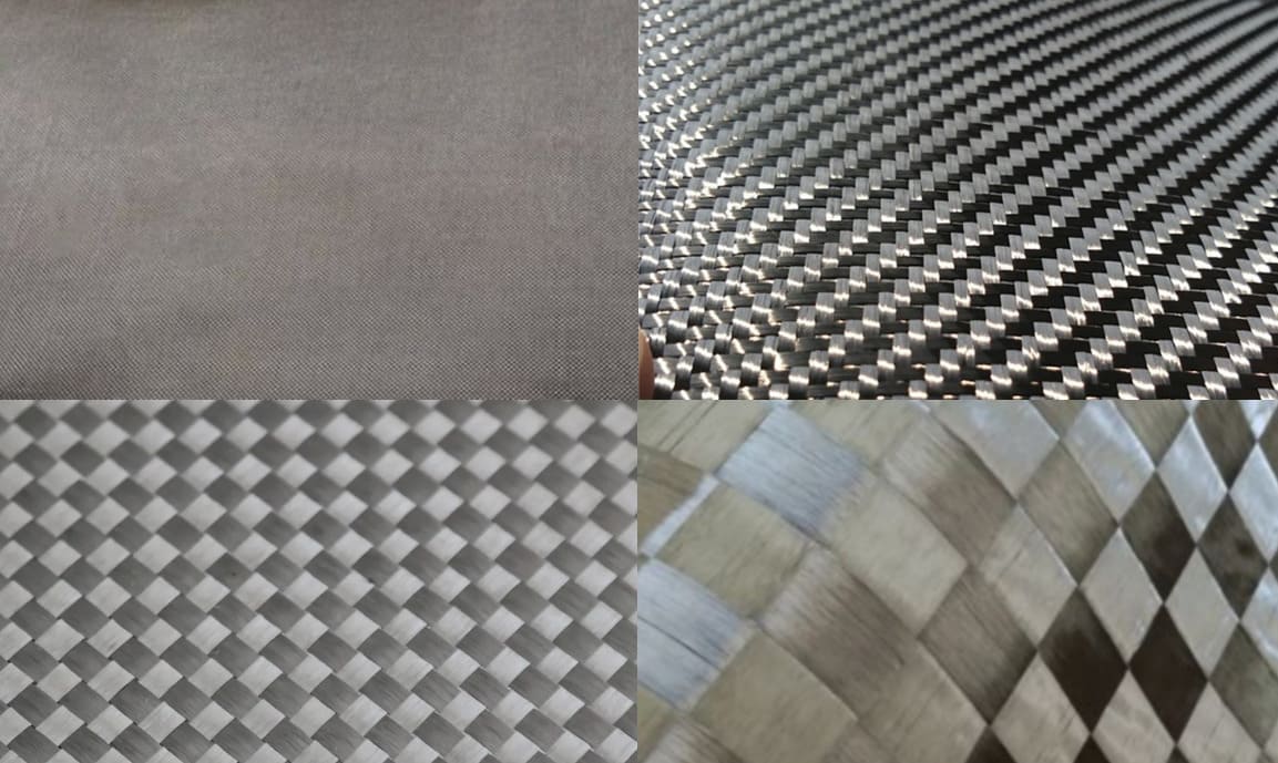 Carbon fiber surface samples -- T300, T700, raw carbon, and woven weave options