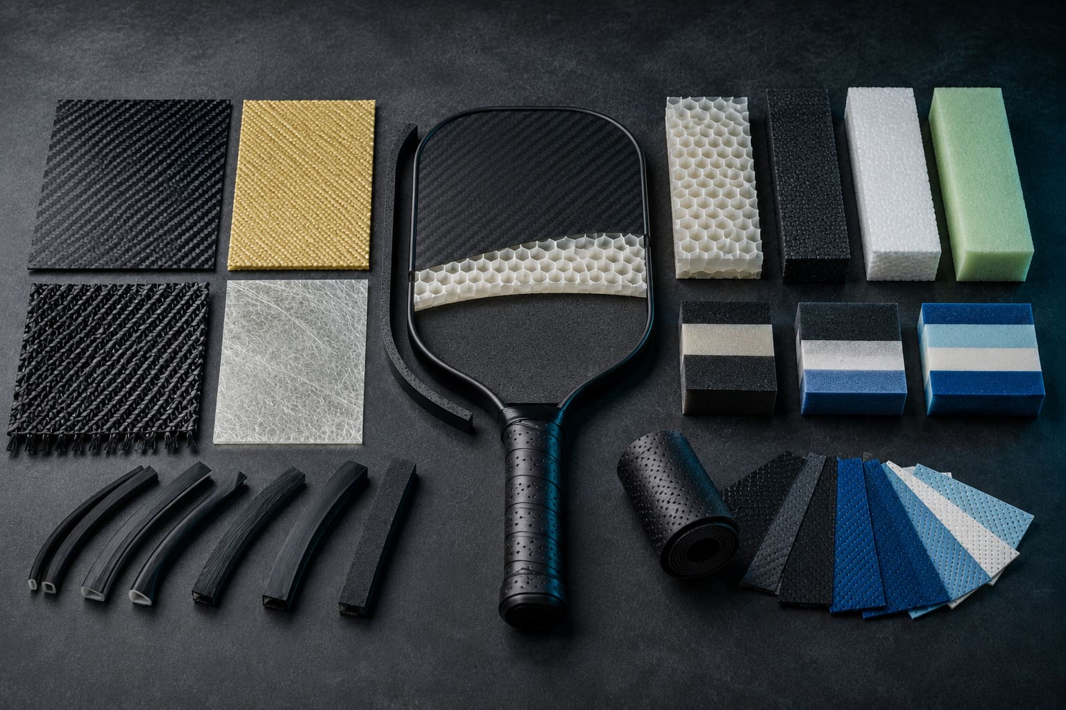Material sample board showing paddle surfaces, cores, and structure options